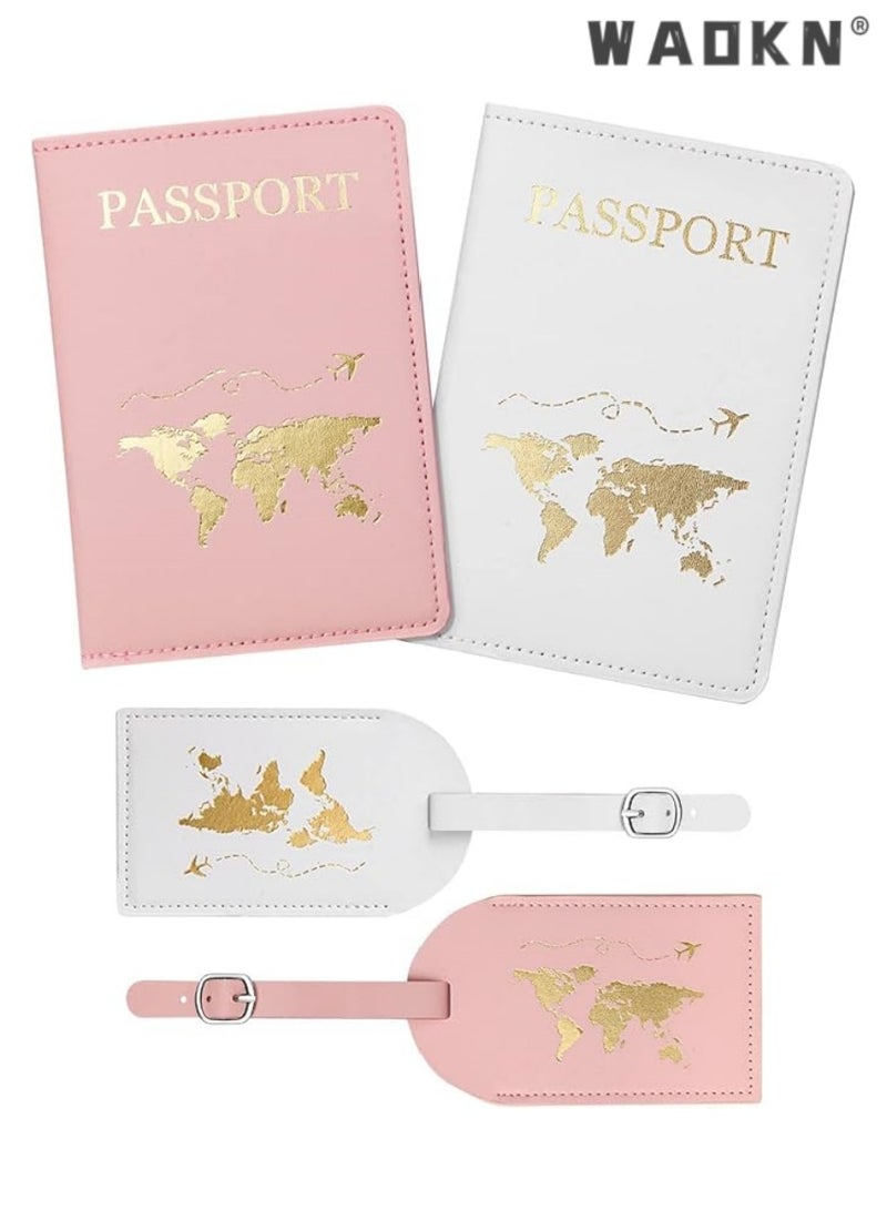 WAOKN 2 Set Passport Wallets Travel Holder and Luggage Tags Passport Covers Travel Luggage Tags Suitcase Tag for Couples Wedding Bridal Shower Gift,Luggage Tags,PU Leather Personalized Suitcase Tag Set, Travel Tags with Name ID Card and Sturdy Buckle Straps, Suitcases Identifier ID Labels,Travel Essentials Bundle: 2 Luggage Tags & 2 Airplane Passport Covers - Securely Organize & Protect Your Travel Documents & Luggage with Stylish & Practical Tags & Holders - Image 1